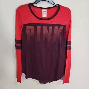VS PINK Burgundy Red Colorblock Stripe Lightweight Sheer Everyday Distressed Tee